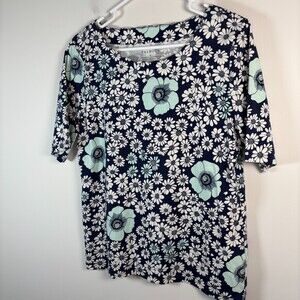 TALBOTS 100% Cotton Elbow Tee Womens M Navy White Floral Scalloped Neck Stretch